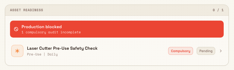 Asset Readiness widget listing a compulsory pre-use check row with a Compulsory badge and a pending status pill.