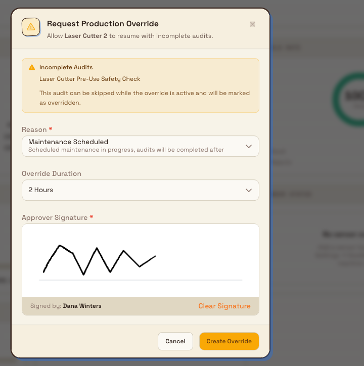 Request Production Override dialog showing a reason selector, a duration selector, an approver signature box, and a Create Override button.