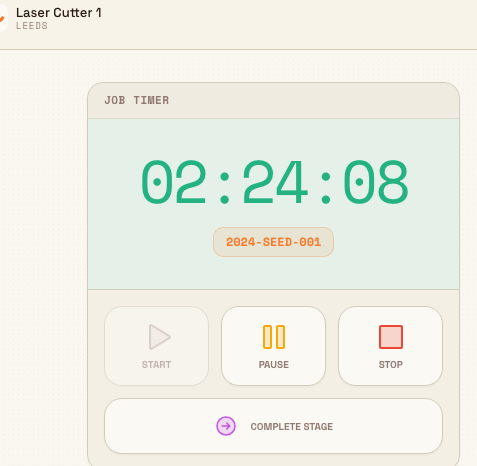 Production operate timer panel with timer controls and a Complete Stage button below them.