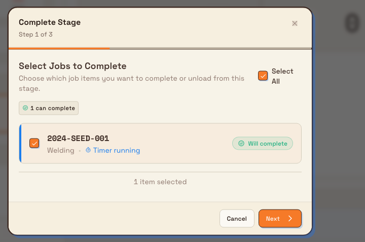 Complete Stage wizard showing the Select Jobs to Complete list with status chips beside each job item.