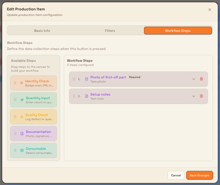 Production item editor on the Workflow Steps tab, showing the Documentation step tile in the Available Steps toolbox and a Documentation step added to the workflow.