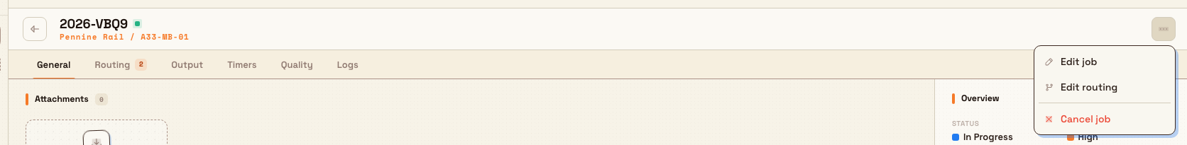 A job detail top bar with the Job actions menu open, listing Edit job, Edit routing, and Cancel job.