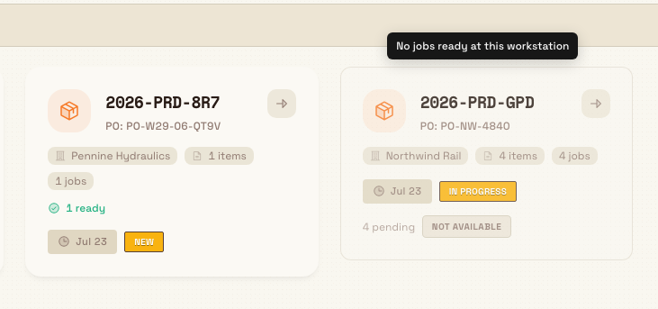 Two order cards compared: a loadable card with ready, pending, and done chips, and a greyed-out card labelled Not available with a tooltip explaining no jobs are ready.