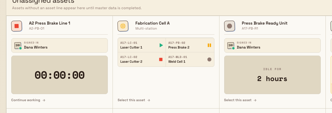 Select your asset screen with a multi-station tile previewing its member assets beside ordinary asset tiles.