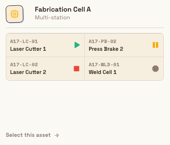 Production asset-selection screen with a Multi-station tile showing a preview grid of member stations.