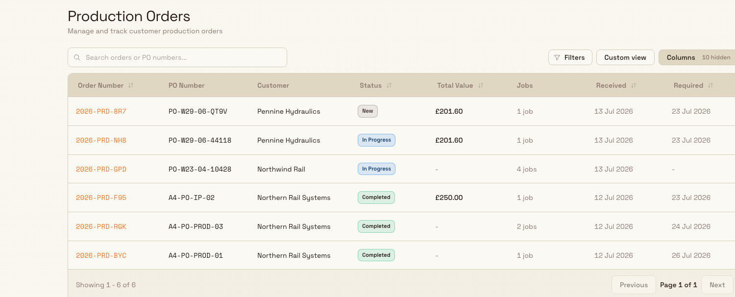 Production Orders list showing a filter bar and a table of orders with order number, customer, status badges, total value, and a jobs count.