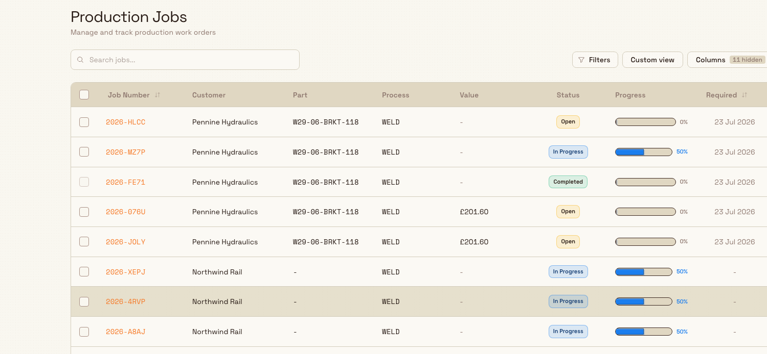 Production Jobs list showing a filter bar with status counts and a table of jobs with job number, customer, part, status badges, and a per-row progress strip.