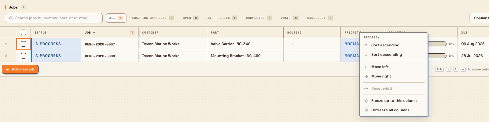 Production order Jobs table with a column menu showing Freeze up to this column.