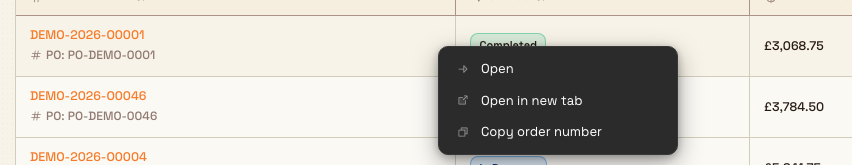 A production order row context menu with Open, Open in new tab, and Copy order number.