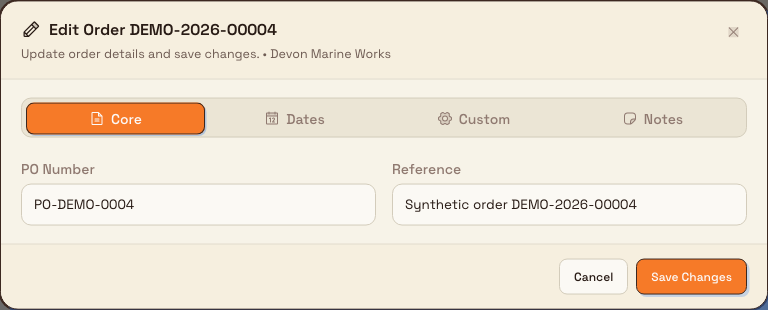 Edit Order dialog with Core selected and filled PO Number and Reference fields.