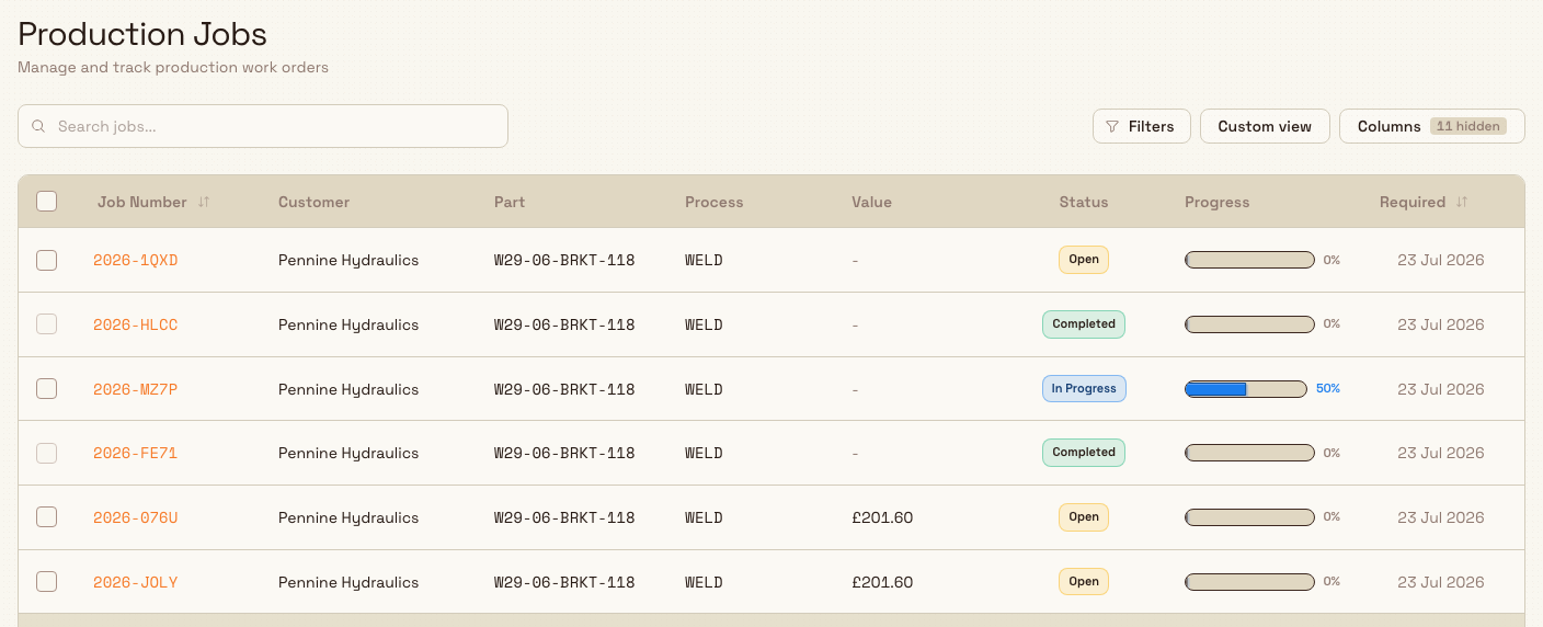 The Production Jobs list showing jobs in open, in-progress, and completed statuses with the filter bar above the table.