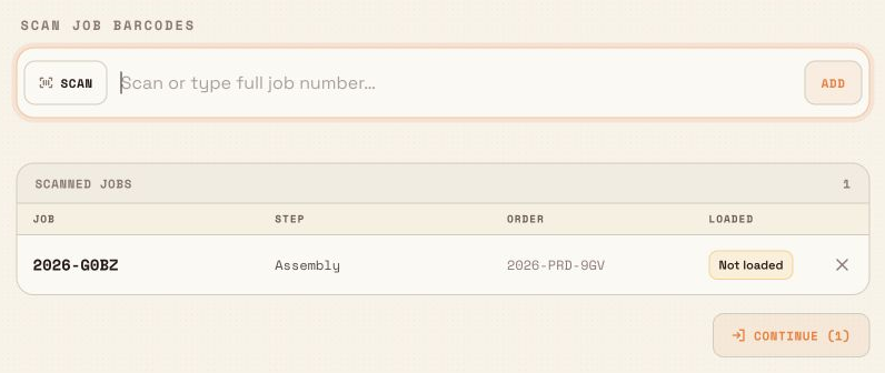 Peaking Station scan list showing one accepted Assembly job marked Not loaded with a Continue 1 button.