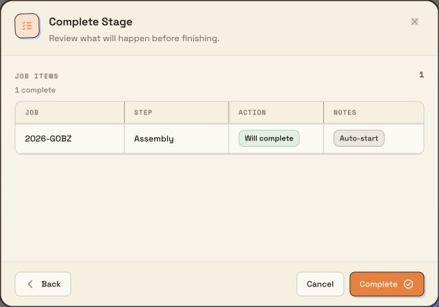 Complete Stage summary showing one Assembly job marked Will complete and a final Complete button.