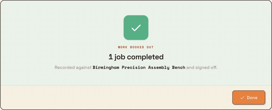 Peaking Station success result showing Work booked out and 1 job completed.