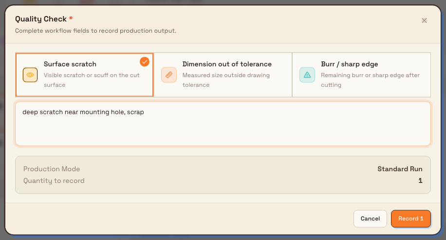 Quality Check dialog on the production operate screen showing selectable defect category tiles, a notes field, and a Record button.