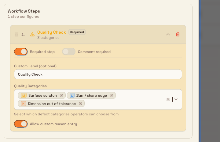 Quality Check step configuration in the Production Items workflow builder with category selection and required and comment toggles.