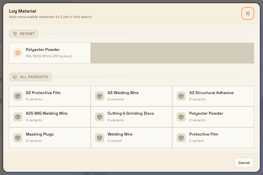 The Log Material dialog showing a Recent row and an All Products grid of consumable tiles.
