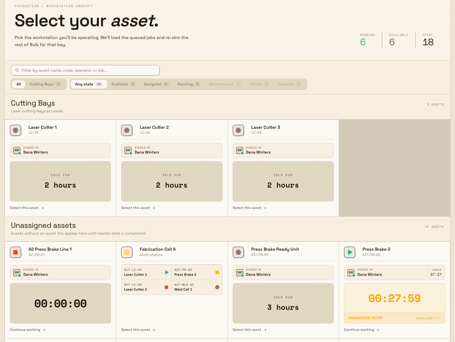 The Select Asset screen showing the 'Select your asset' header, a Running/Available/Total stat row, a filter toolbar, and a grid of asset tiles in different states.