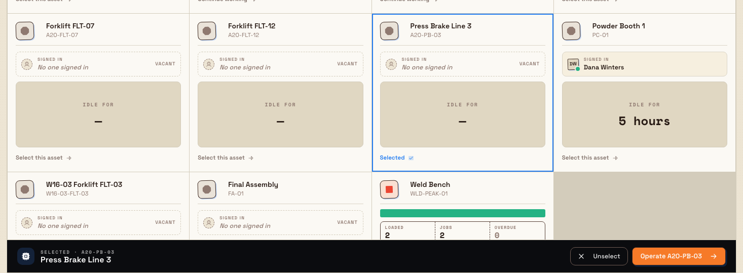 An asset tile selected on the Select Asset screen, with a bottom action bar showing the asset code, an Unselect button, and an Operate button.