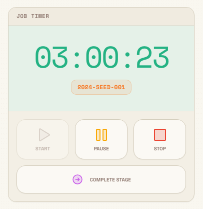 Running Job Timer showing elapsed time for job 2024-SEED-001, with Pause and Stop available.