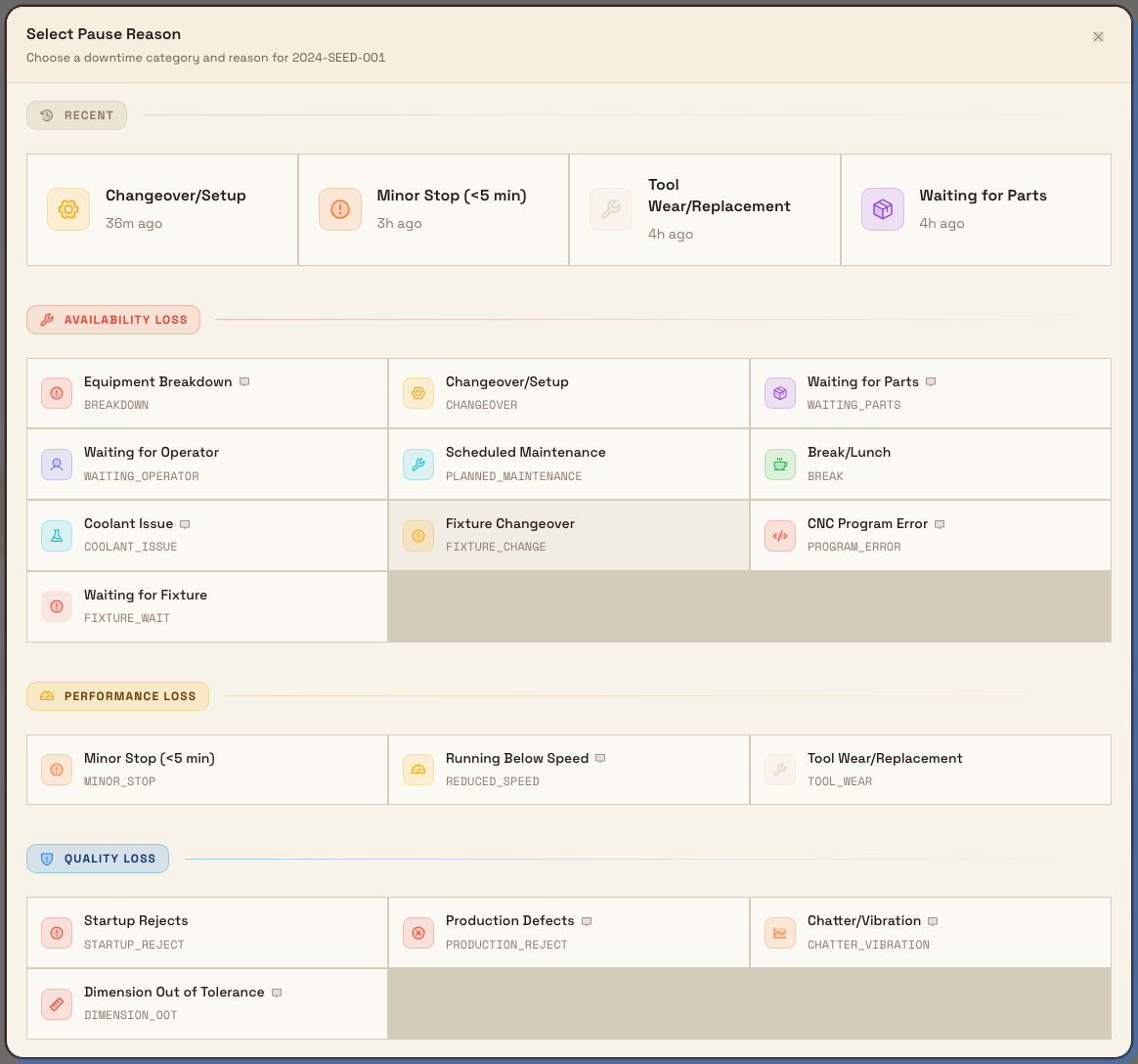 Select Pause Reason dialog with recent downtime reasons and reasons grouped by OEE category.