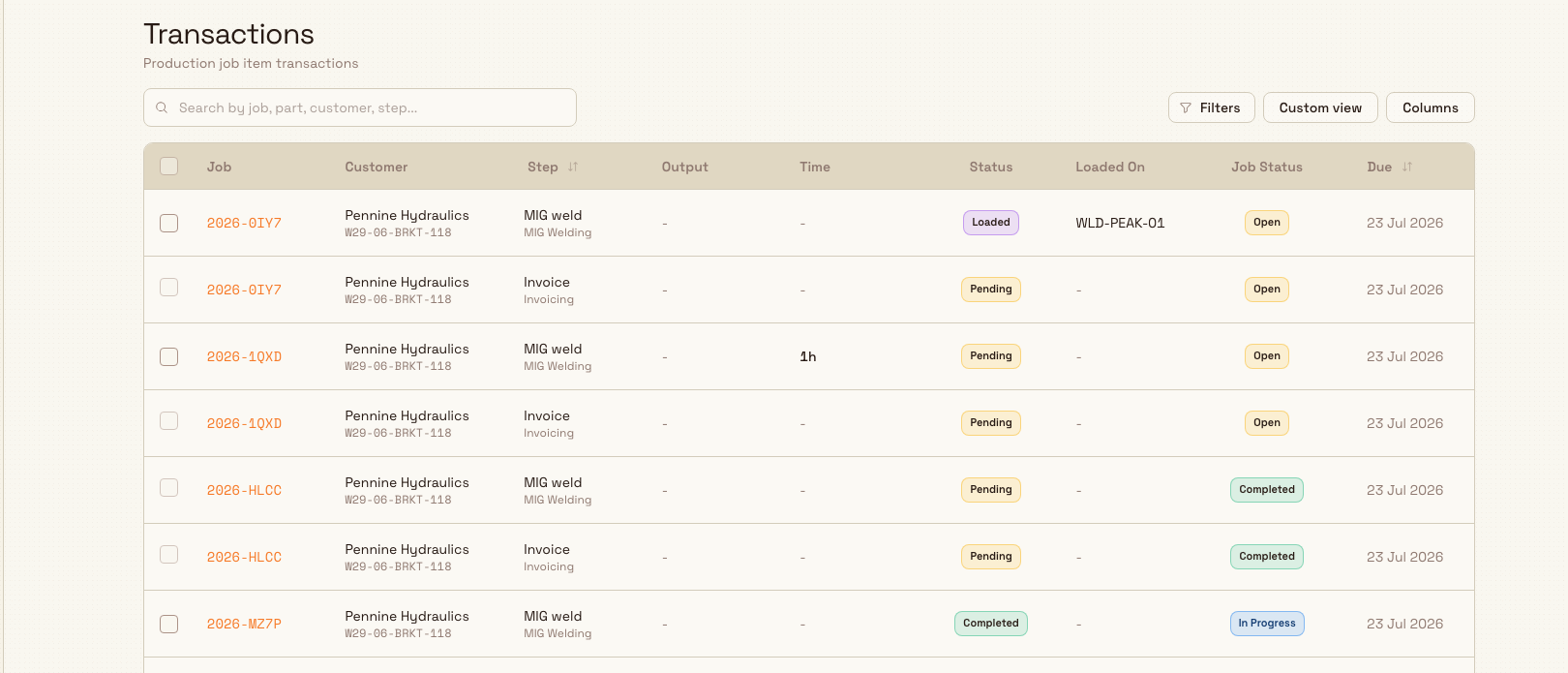 The Transactions list page showing a table of production steps with Job, Step, Output, Time, Status, and Due columns.
