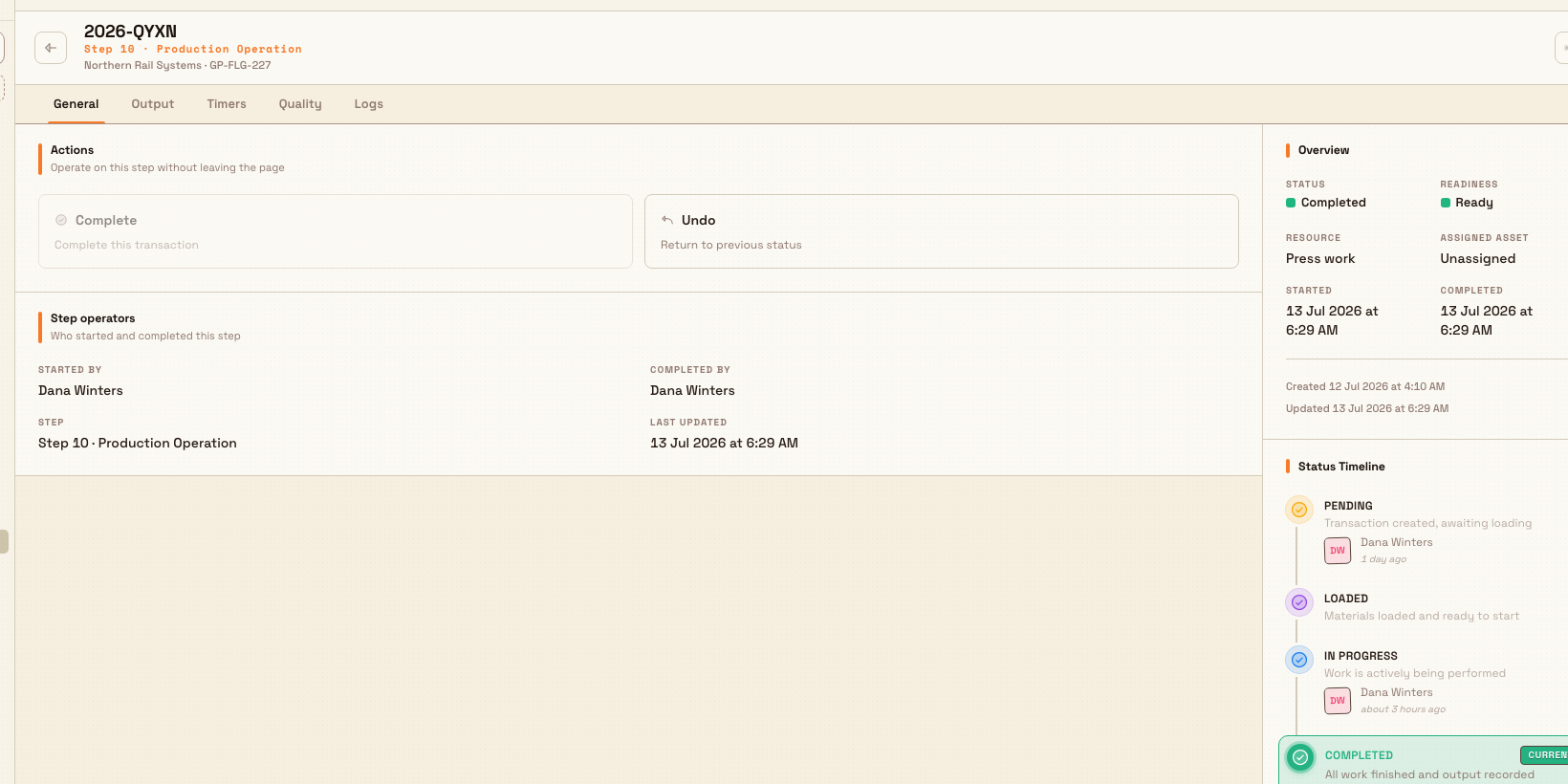 A production transaction detail page on the General tab, showing the step overview and a status timeline from Pending to Completed.
