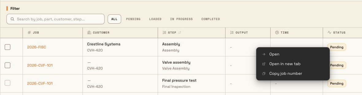 A production transaction row with a context menu offering Open, Open in new tab, and Copy job number.