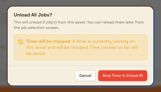 Unload All Jobs confirmation dialog warning that the running timer will be stopped and tracked time saved, with Cancel and Stop Timer and Unload All buttons.