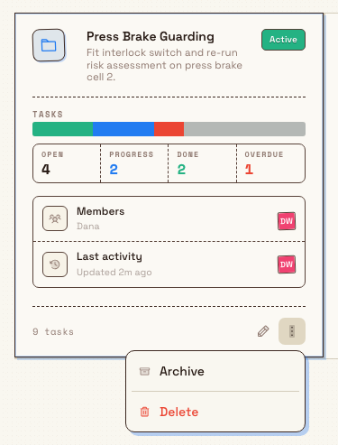 A project card with its More project actions menu open, showing Archive above a separator and Delete below.