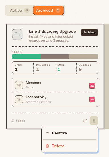 The Archived tab of the Projects page with a greyed-out archived project card whose menu shows a Restore option.