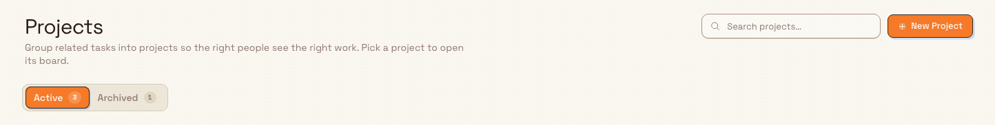 The Projects page header with a New Project button and Active and Archived tabs showing counts.