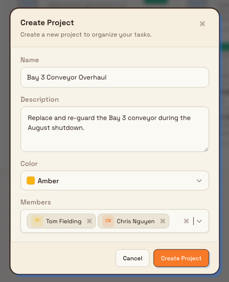Create Project dialog with a name, description, color, and members filled in and a Create Project button.