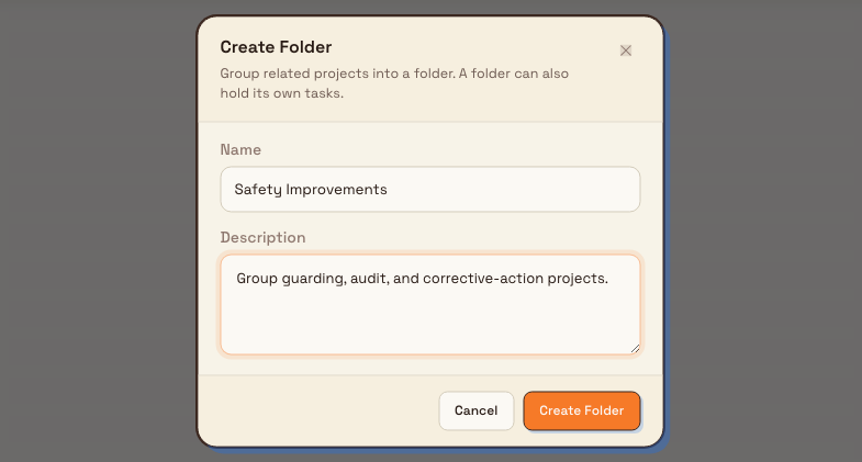Create Folder dialog with name and optional description fields.