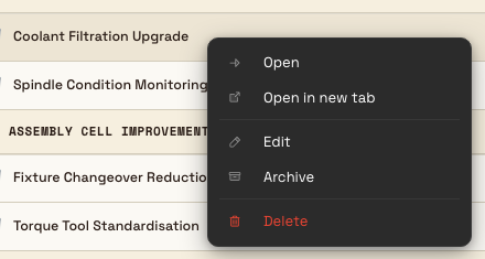 The Coolant Filtration Upgrade project row with a right-click menu showing Open, Open in new tab, Edit, Archive, and Delete.
