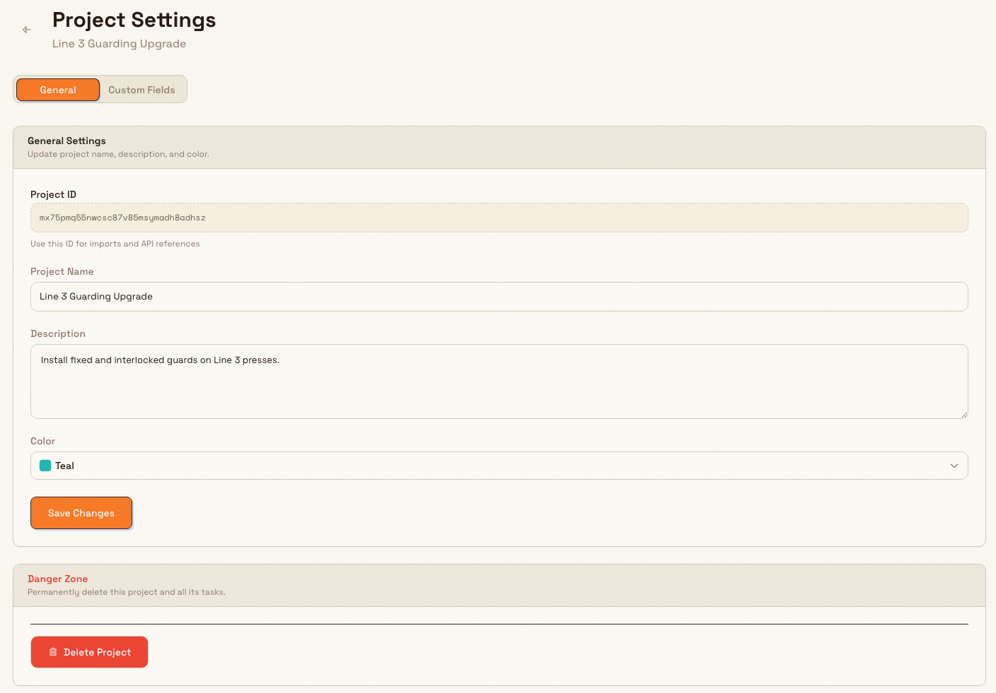 Project Settings page on the General tab with name, description, and color fields and a Danger Zone card.