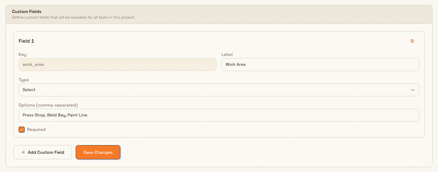 Custom Fields tab showing a required Select field named Work Area with three comma-separated options.