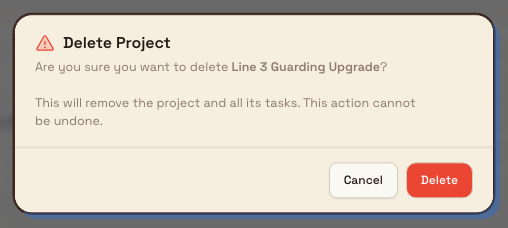 Delete Project confirmation dialog warning that the project and all its tasks will be permanently removed.