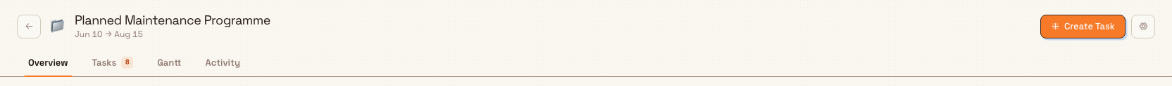 Project header with Create Task and Overview, Tasks, Gantt, and Activity tabs.
