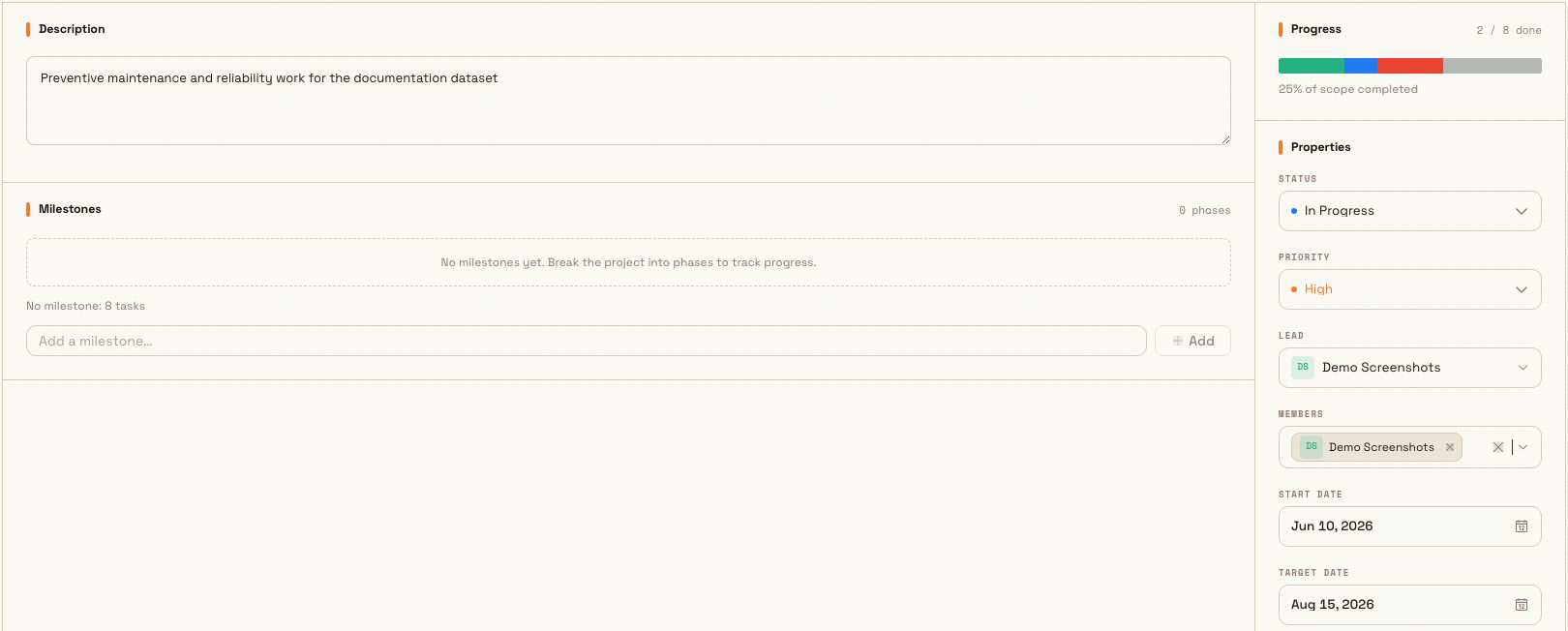 Project Overview with description, milestone state, progress, and properties.