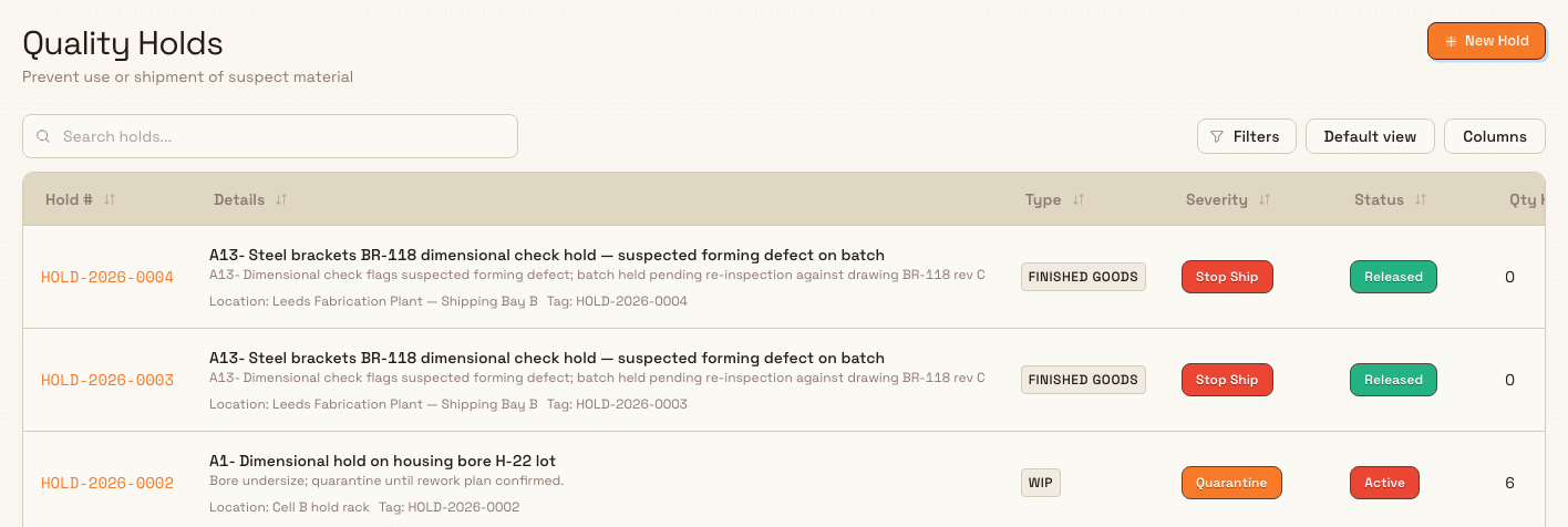 Quality Holds list page with the New Hold button highlighted in the top-right corner.