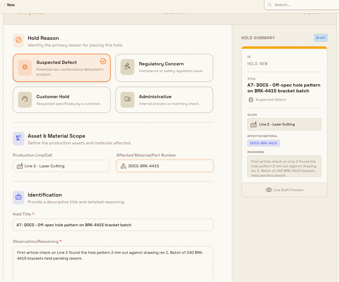 First wizard step showing hold reason cards, scope fields, and the title and reasoning inputs with a live preview panel.