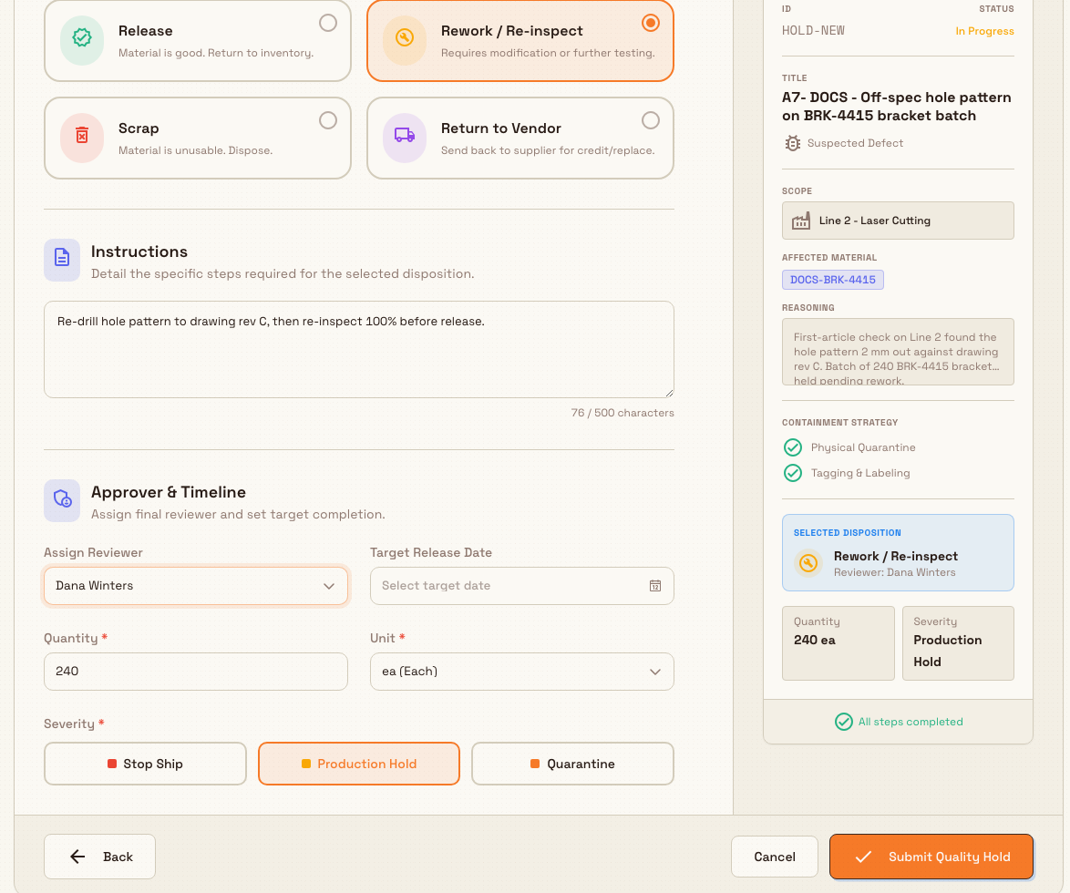 Final wizard step showing disposition type cards, quantity and unit fields, the severity selector, and the enabled Submit Quality Hold button.