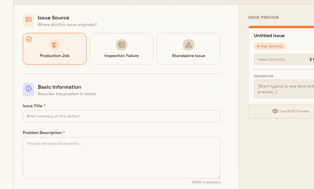 The Create Quality Issue wizard on step one, showing Production Job, Inspection Failure, and Standalone Issue source cards above the Issue Title and Problem Description fields, with a preview panel on the right.