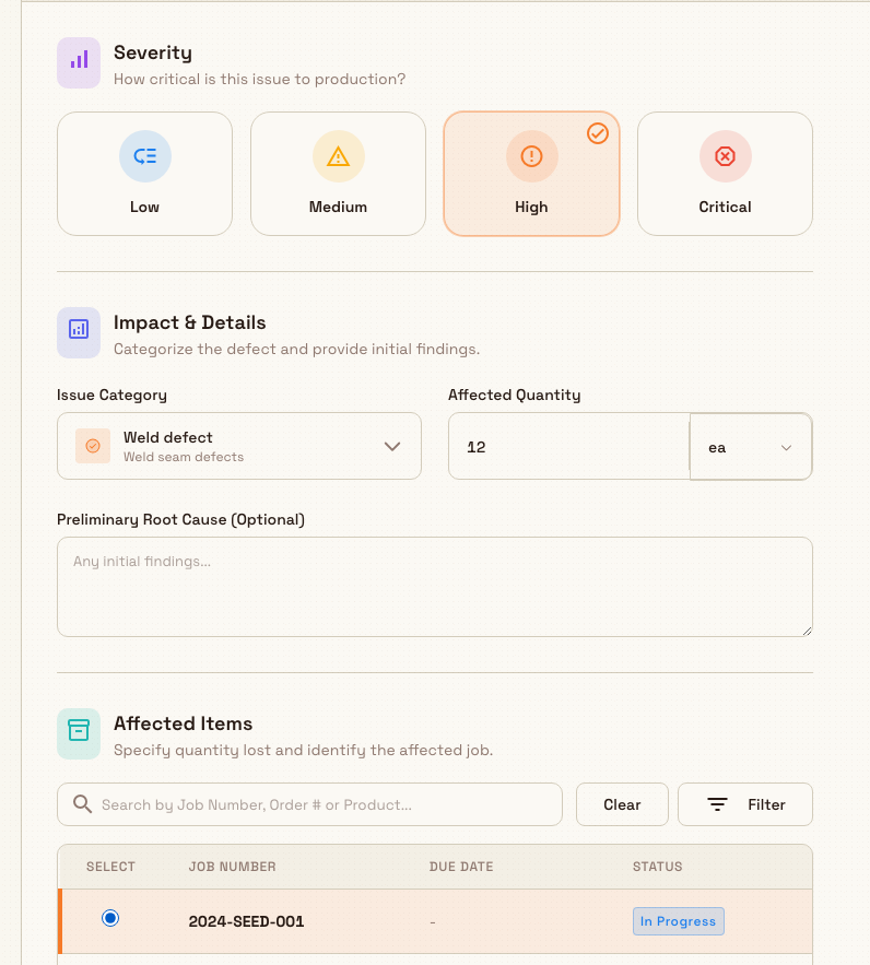 Step two of the wizard showing four severity cards with High selected, an Issue Category dropdown, an Affected Quantity field with a unit selector, and a job selection table below.