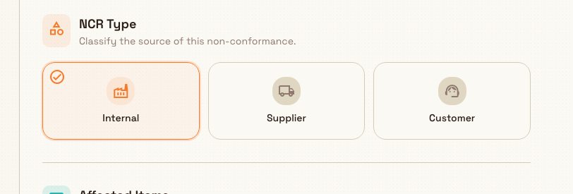 NCR Type cards for Internal, Supplier, and Customer, with Internal selected.