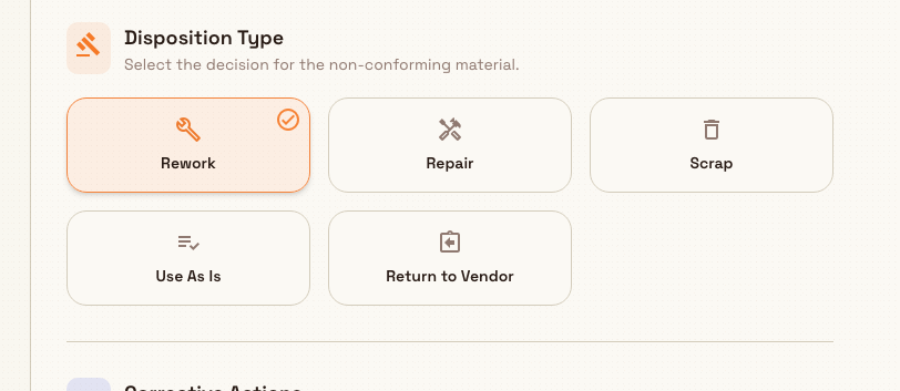 Disposition Type cards: Rework, Repair, Scrap, Use As Is, and Return to Vendor, with Rework selected.