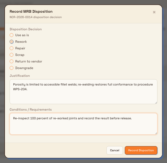 Record MRB Disposition dialog showing the six disposition options, the Justification field, and the Conditions and Requirements field.