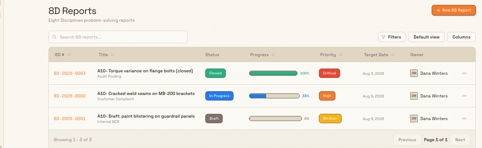 The 8D Reports list page showing a filter bar and a table of reports with report numbers, titles, priorities, and status badges.