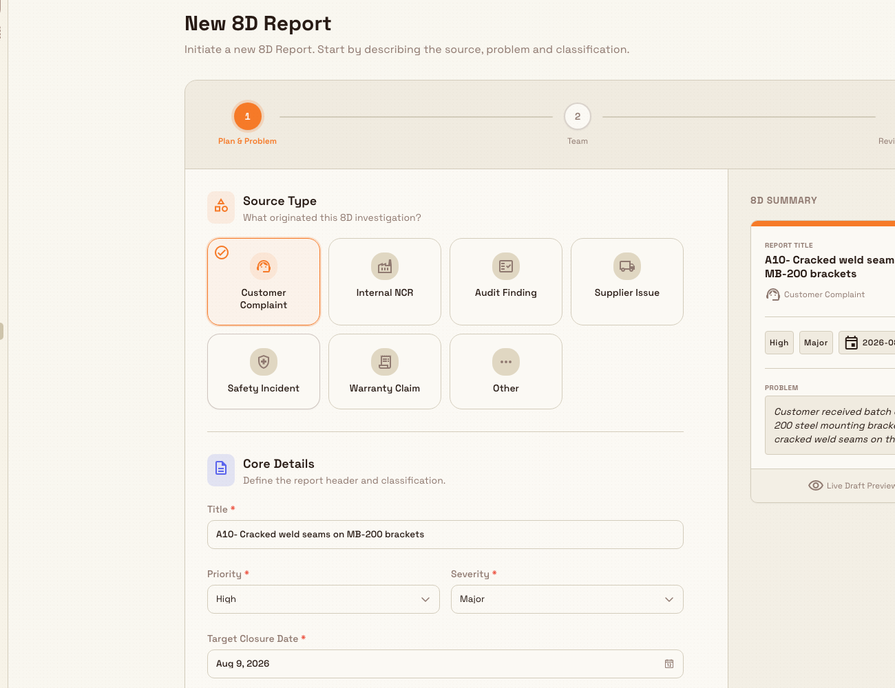 Step one of the 8D wizard showing source type options and fields for title, priority, severity, target closure date, and problem statement, with a live preview panel.